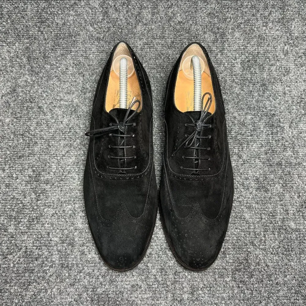 Salvatore Ferragamo Black Suede Oxfords Men's 9D Wing Tip Leather Dress Shoes‎